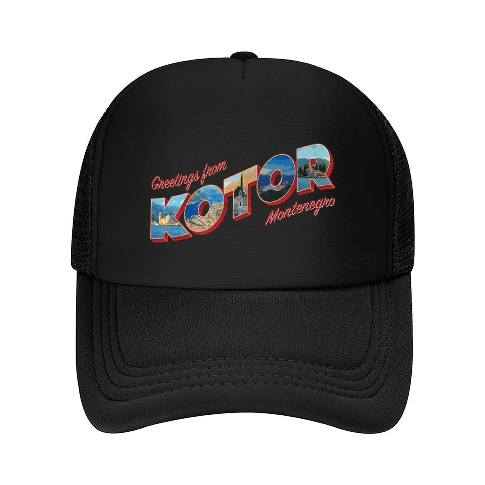 

Greetings from Kotor in Montenegro Vintage style retro souvenir Baseball Cap derby hat Kids Hat Men Women's