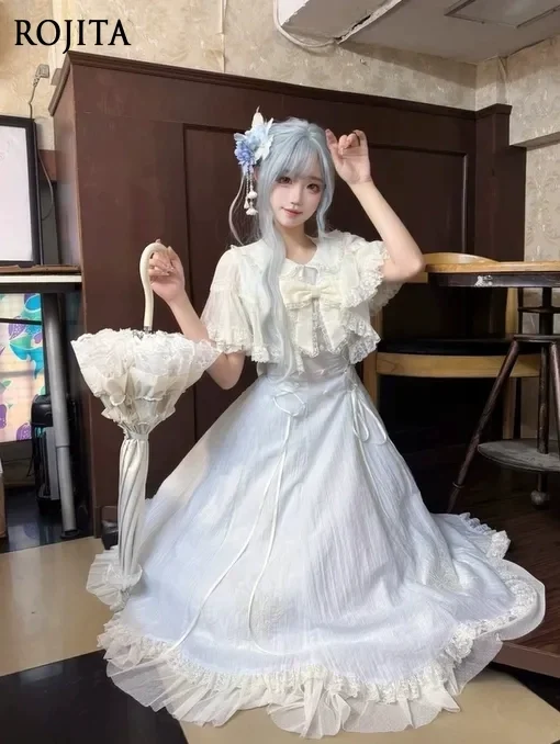 

Bow Cloak Lolita Dresses Princess Dress Soft Fabric Short Sleeve Bow Collar Blue Dress for Women Summer Long Dress 2025 New
