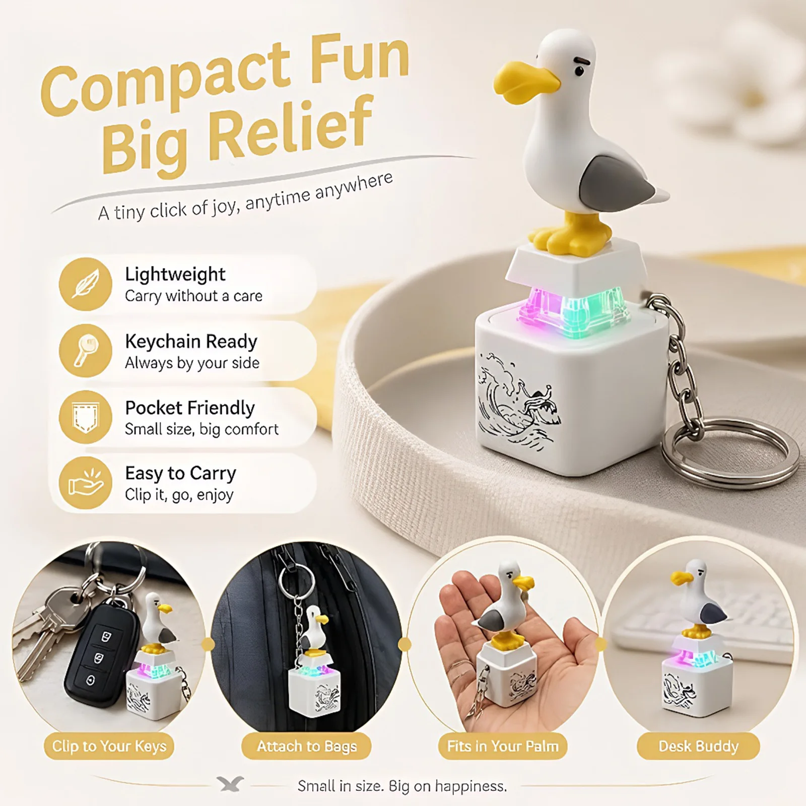 Screaming Seagull Keychain with LED Lights & Sound Finger Button Clicker Mine Seagull Keychain Cute Bag Pendant Novelty Gift