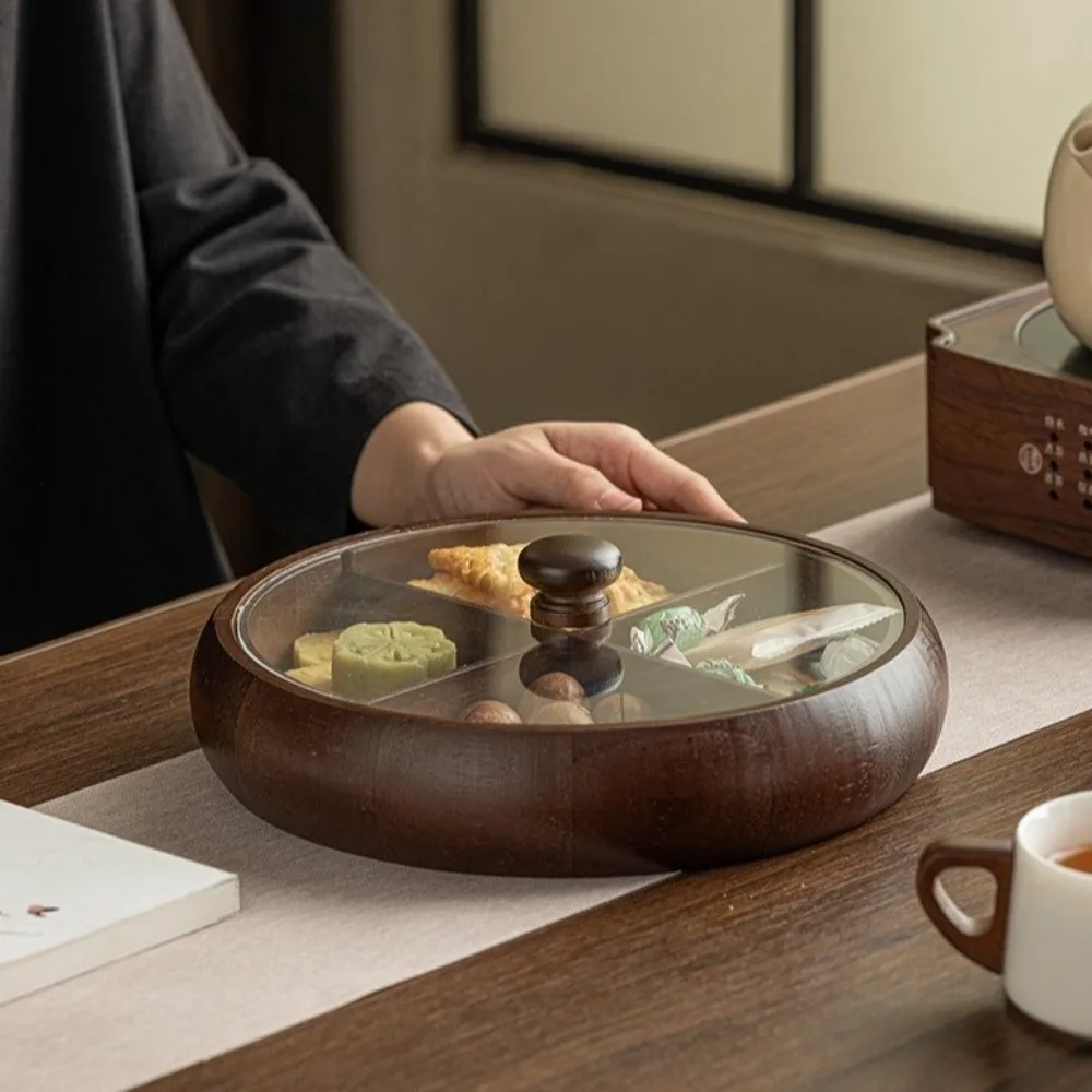 Multi-functional 4-Compartment Snack Serving Trays Wooden Chinese Retro Fruit Tray Round Dried Fruit Box Kitchen Use