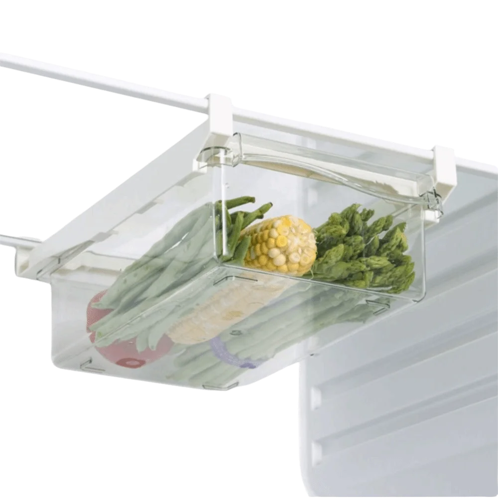 منظم تعليق للثلاجة الشفاف، حفظ طازجًا، سعة كبيرة، درج منزلق، رف صندوق قابل لإعادة الاستخدام