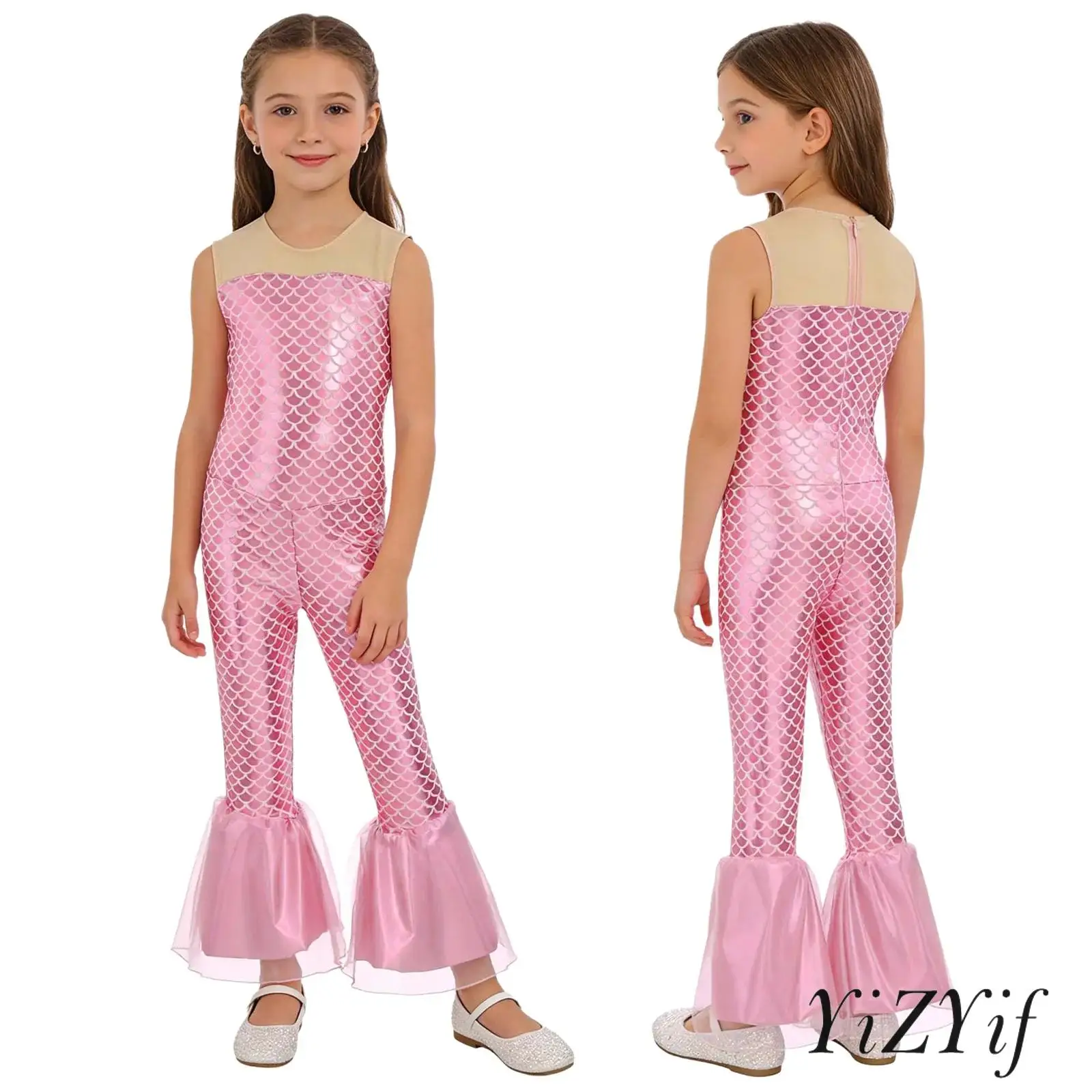 

Halloween Mermaid Costume for Kids Girls Sleeveless Fish Scales Print Flared Jumpsuit for Girls Holiday Party Dress Up