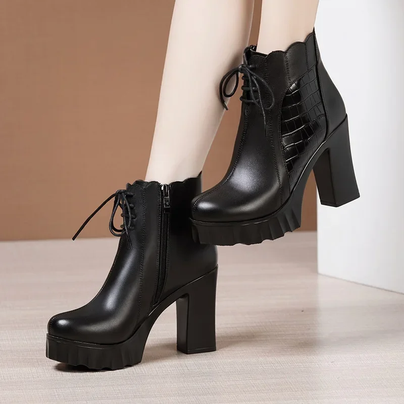 

British 10cm Small Size 32-43 Thick Bottom Platform Boots Leather Shoes 2023 Winter Block High Heels Ankle Boots Model Office