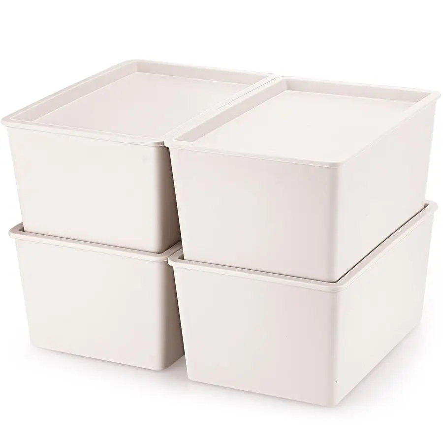 

Набор из 4 пластиковых контейнеров для хранения с крышками, штабелируемые, для организации полок, коробки для рождественских украшений, бежевые, маленькие