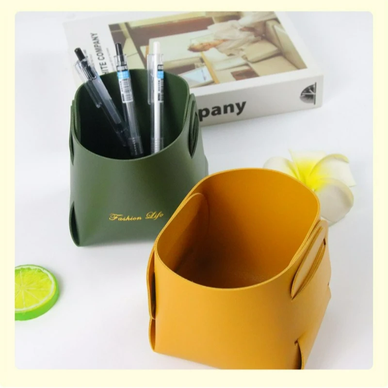 Multi-functional PU Leather Desktop Organizer, Foldable Pen Holder, Desk Storage Basket for Stationery Cosmetics