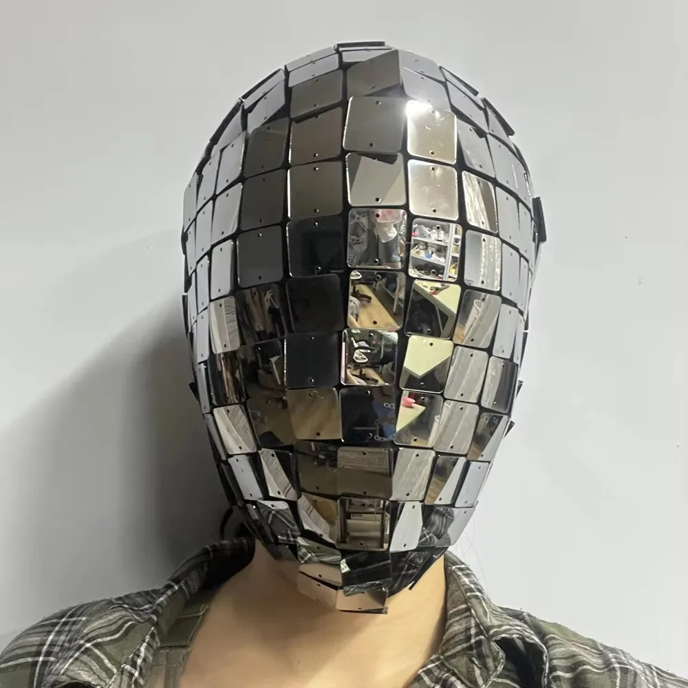 

Male Women Unisex Silver Mirror Mask Shiny Headgear Stage Performance Masquerade Ball Singer Halloween Party Costume Accessory