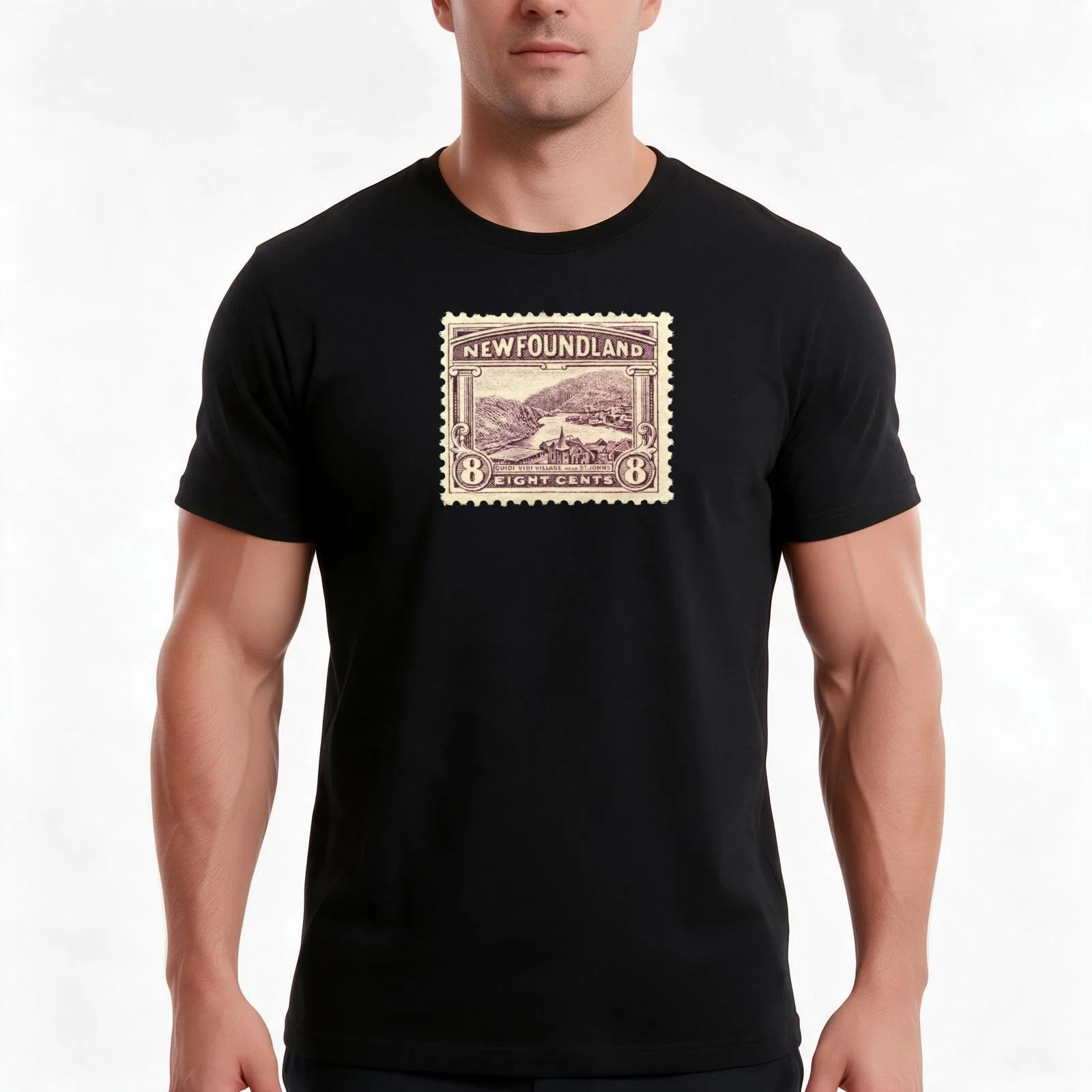 vintage Newfoundland 8 cent postage stamp - Quidi Vidi village near St. John's Canada an Atlantic Ocean cove T-Shirt