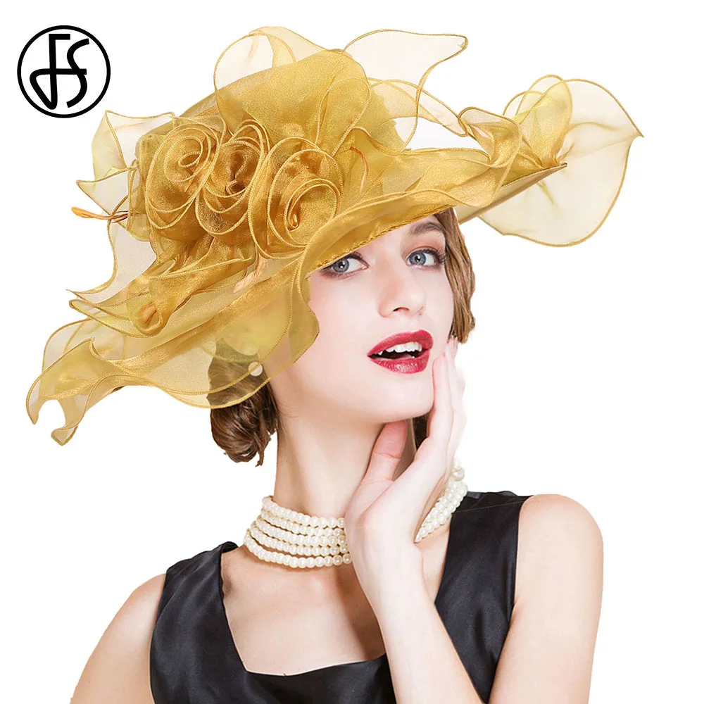 FS 2024 Wide Brim Organza Kentucky Derby Hats Fascinator For Women With Veil Flower Wedding Church Cocktail Tea Party Dress Cap