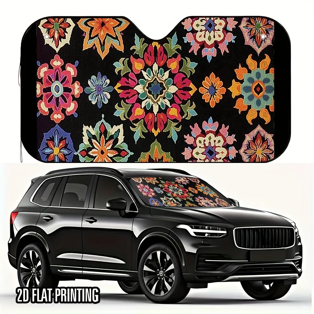 1pc Christmas Car Sunshade With Colorful Floral Design - Fit, 4 Suction Cups, Foldable For Storage, Keeps Car Cool - Perfect Gif