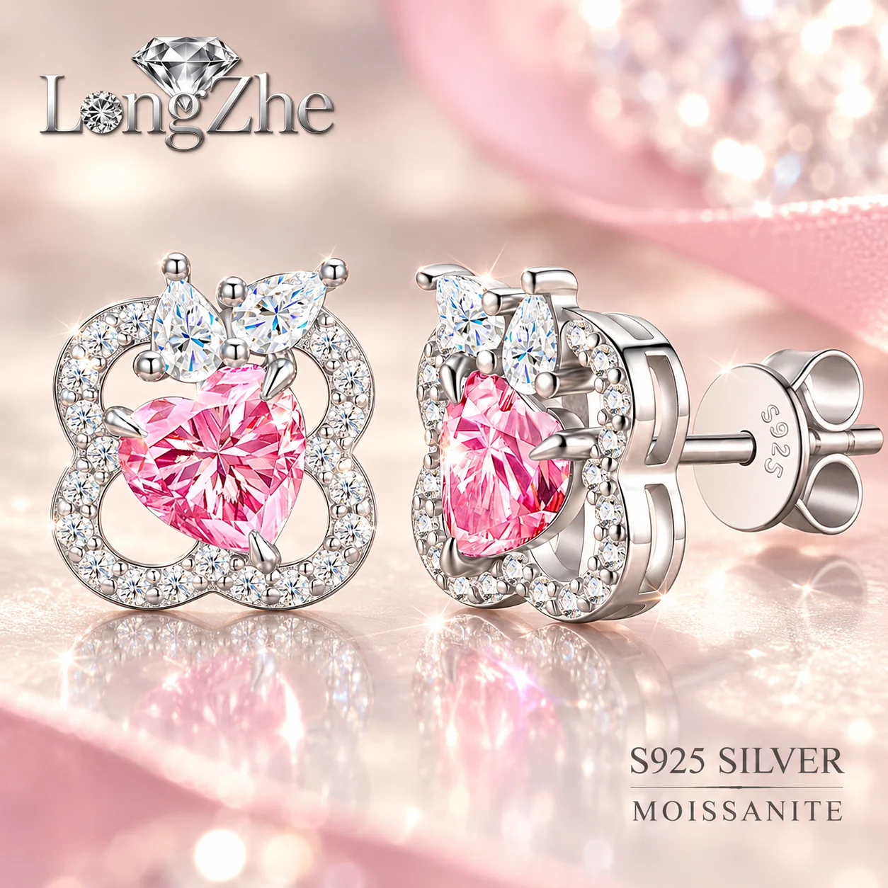 Pink Heart Moissanite Stud Earrings S925 Sterling Silver 18K White Gold Plated Floral Halo Wedding Gift for Women