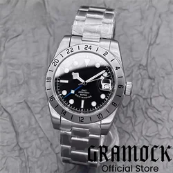 Gramock Vintage NH34A Mechanical Men Watch 39mm Black White Dial GMT Fuction Watch For Men Fixed Bezel Sapphire Glass Waterproof