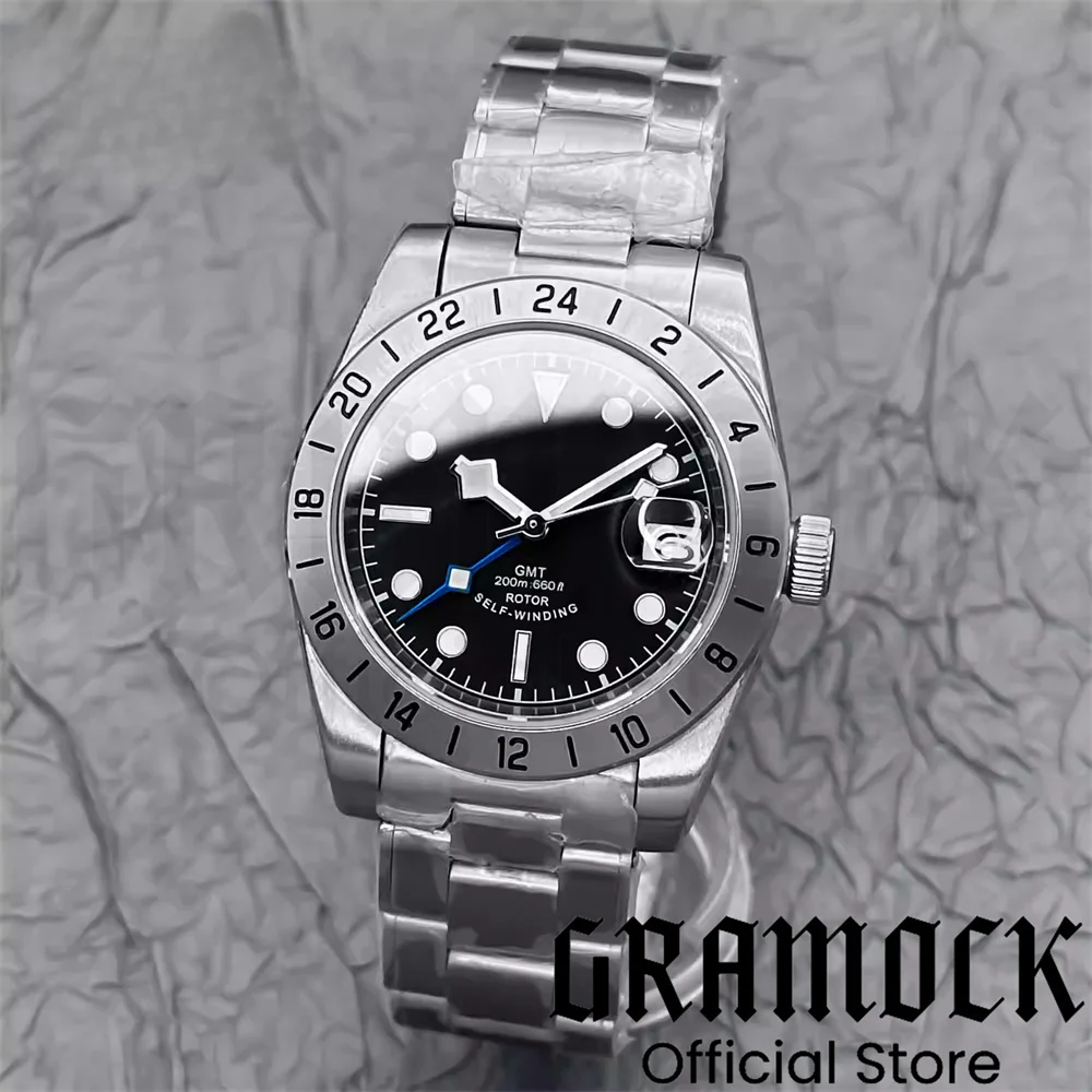 Gramock Vintage NH34 GMT Watch 39mm Stainless Steel Dual Time Zone Fixed Bezel Sapphire Glass Black White Dial Snowflake Hands