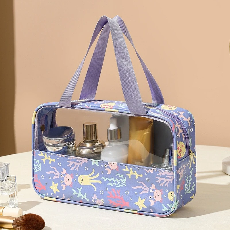 Handheld Multifunctional Solid Print Makeup Bag Waterproof Travel Toiletry Organizer Clear Window Zipper
