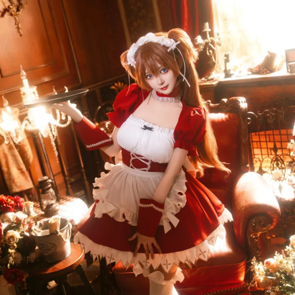 

Горячий хит! Костюм для косплея Асуки Лэнгли Сорю из аниме EVAA: сексуальное платье горничной в стиле Лолита (красно-синее) для Хэллоуина и карнавальных вечеринок