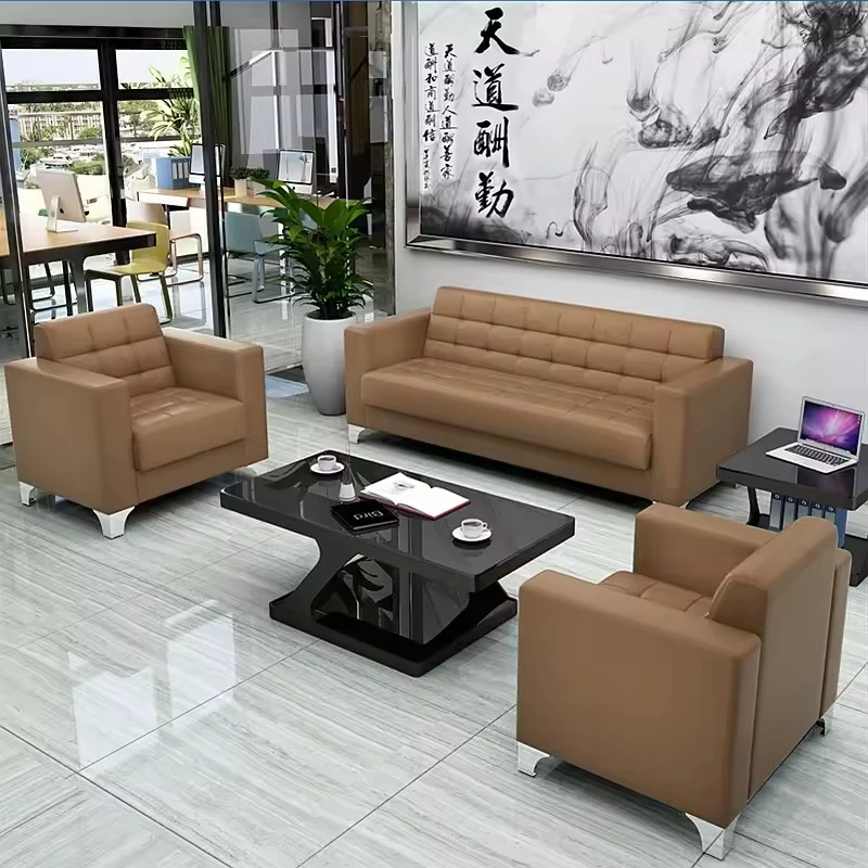 Modern Office Sofa Set with Leather Upholstery and Glass Top Coffee Table High Quality Reception Furniture for Business