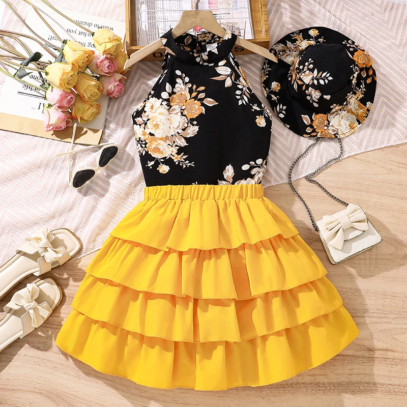 

Children Clothes Girl Outfit Black Flowers Printed Vest & Yellow Tiered Skirt With Hats 3 Pcs Sets Stylish Girls Outfit