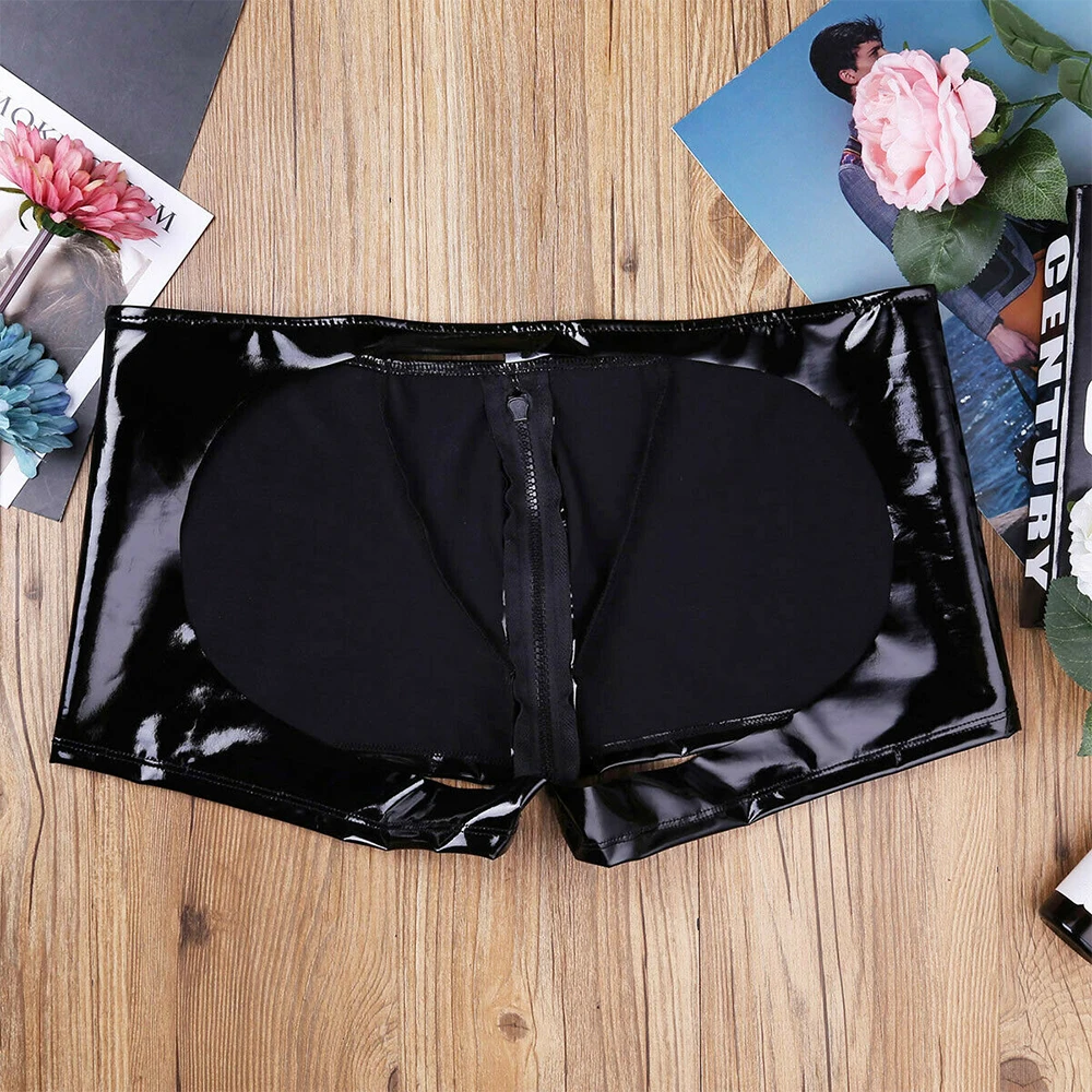 Mens PVC Zip Pouch Briefs Wet Look Trunks Shorts Backless Underwear Hombre Stretch Breathable Underpants Lingerie