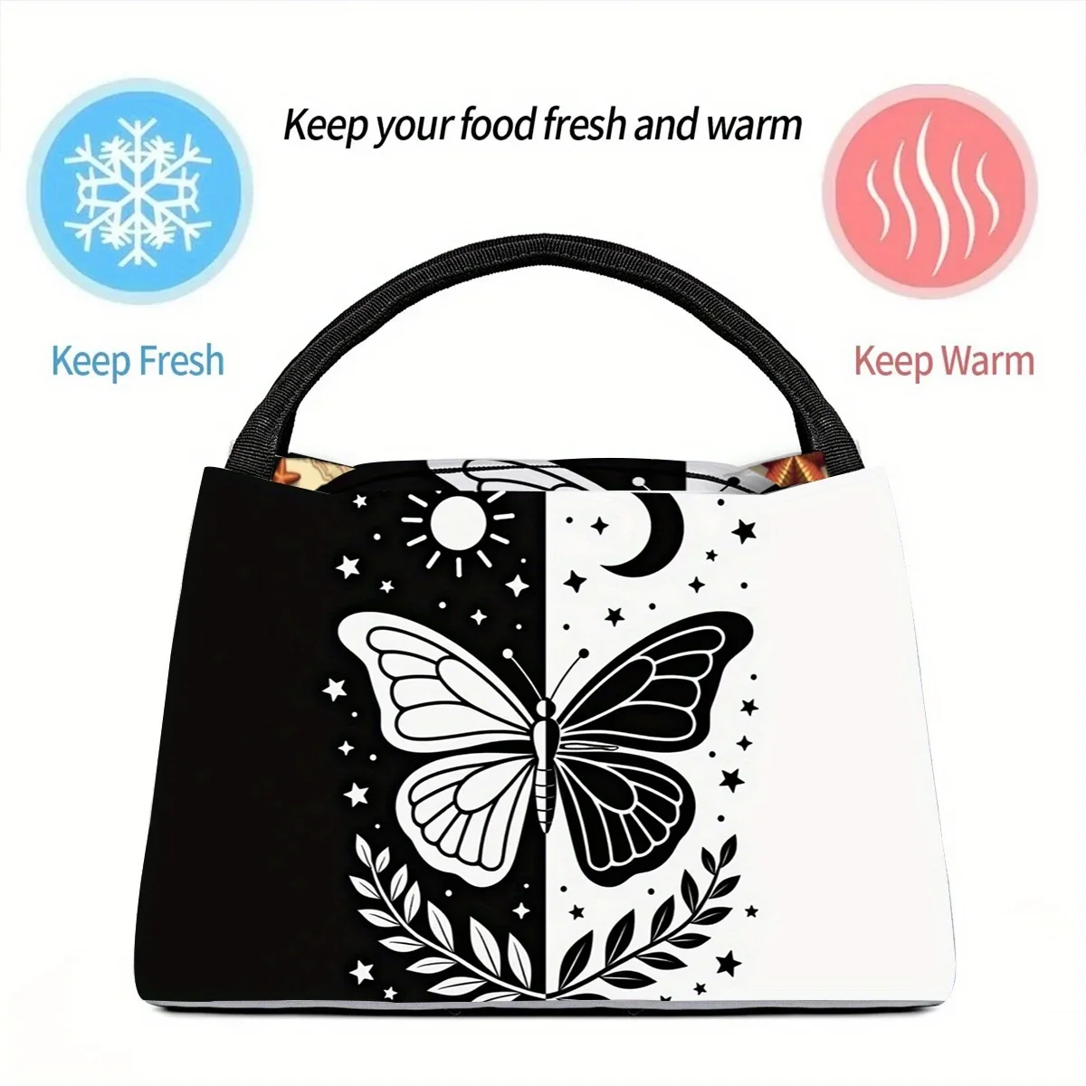 Sun Moon Butterfly Insulated Lunch Bag Reusable Oxford Cooler Tote for Office Picnic Travel Aesthetic Floral Food Storage