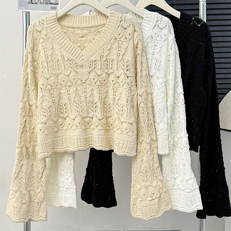 

Retro Hollow Out Crochet Knitshirts For Women Autumn Chic V Neck Long Sleeve Short Tops Loose Pullover Sweater Female