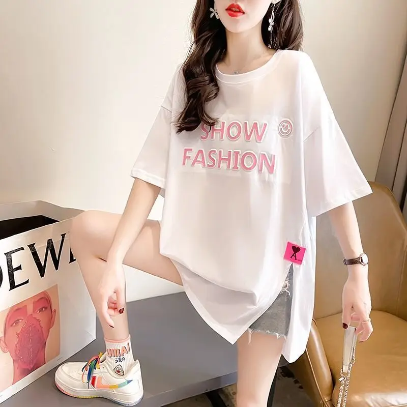 

Casual Split Hem Printing Letter T Shirts Summer New Short Sleeve Solid Color Loose Youth Tops Tees Fashion Trend Women Clothing