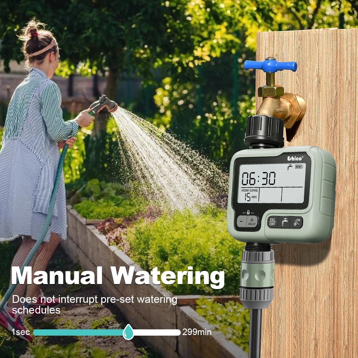 Temporizador de Água Eshico HCT-322 para Irrigação de Jardim - Ferramenta de Economia de Água de Fácil Configuração para Uso Sazonal