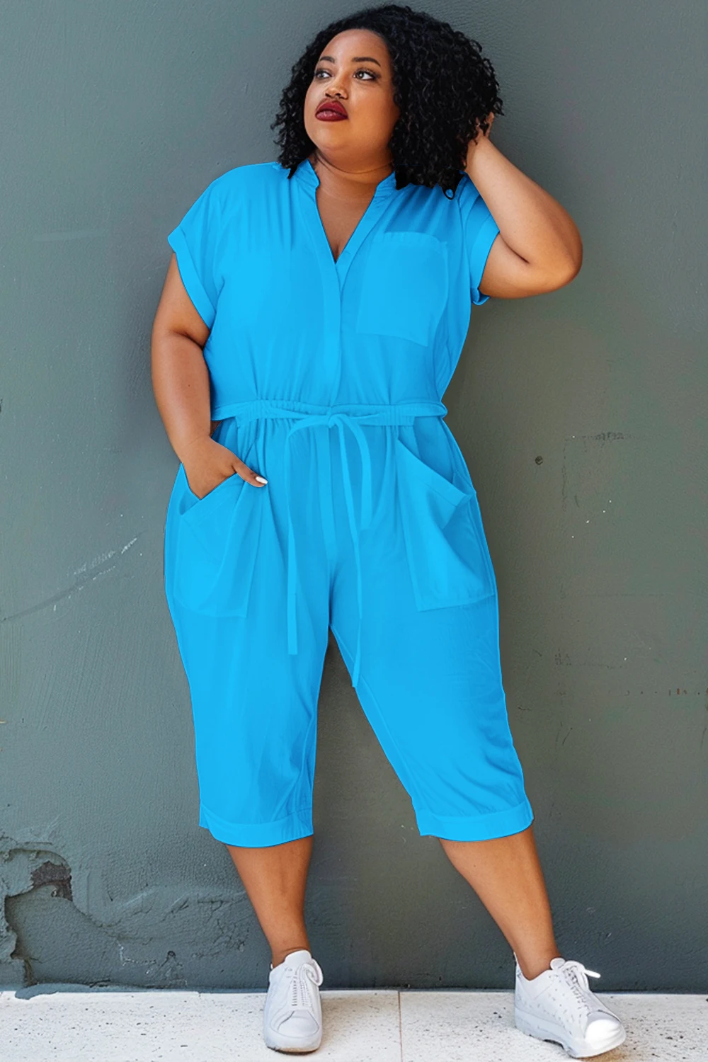 Plus Size Green V Neck Short Sleeve Wrap Pocket Jumpsuit