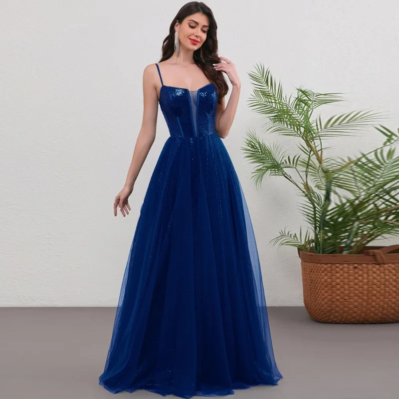 

European and American Sequin Camisole Fishbone Waist Cinching Dance Formal Evening Dress Sexy Solid Color Long Dress