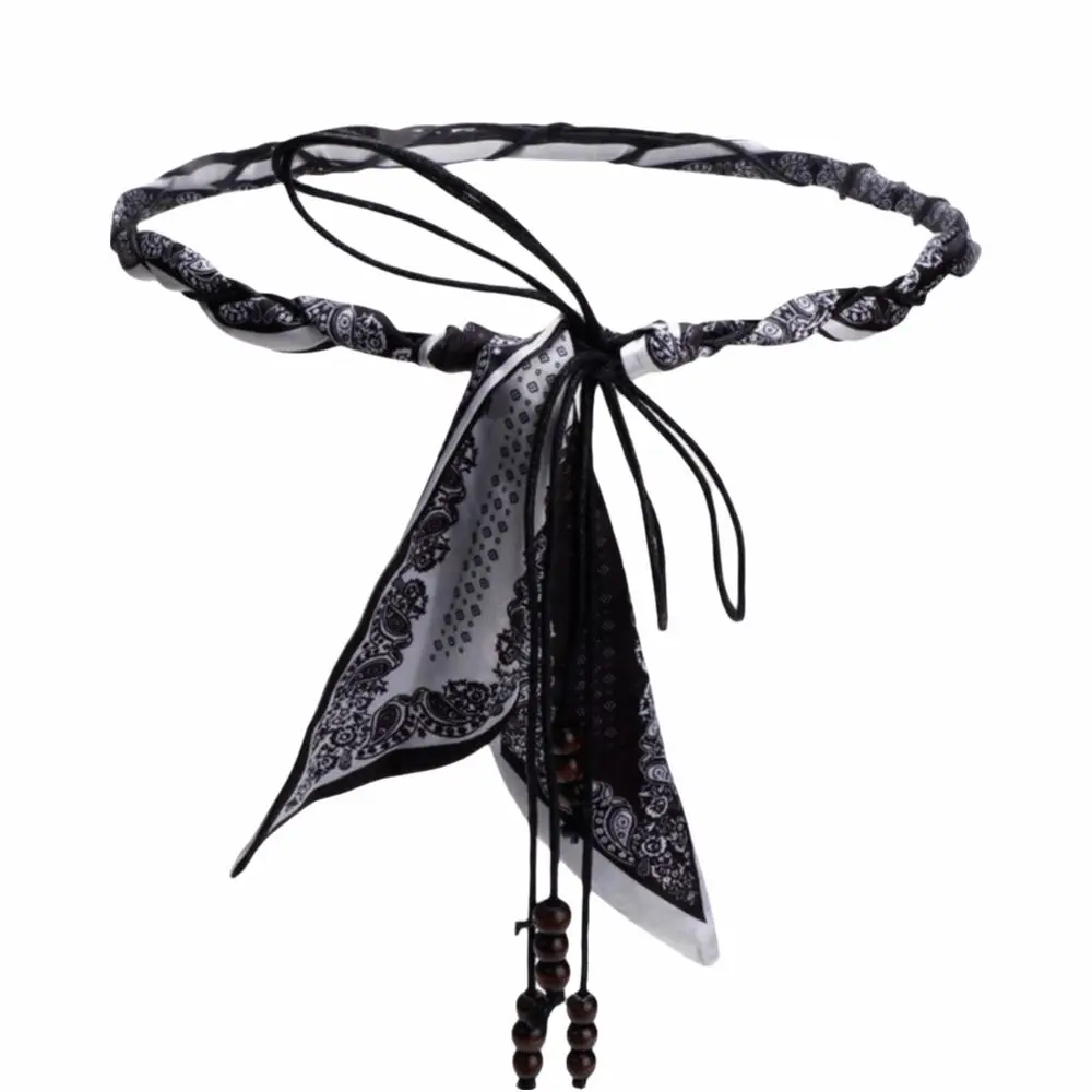 Bohemian Style Silk Scarf Woven Belt Vintage Design Braided Detail Flower Waist Chain Wood Bead Tassel Cashew Flower Pattern