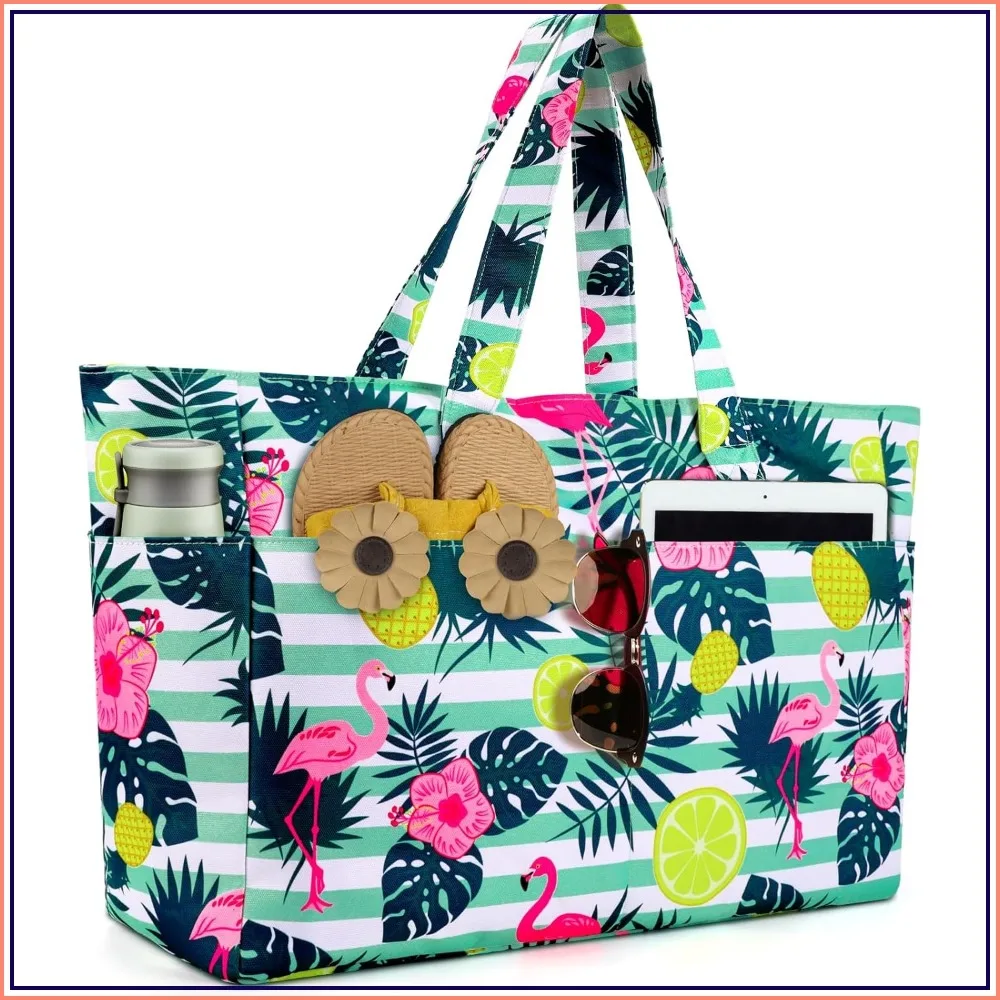 Bolsa de Playa Extra Grande Impermeable para Mujer, Bolsa de Piscina Ligera y Plegable con Compartimento con Cierre para Ropa Mojada