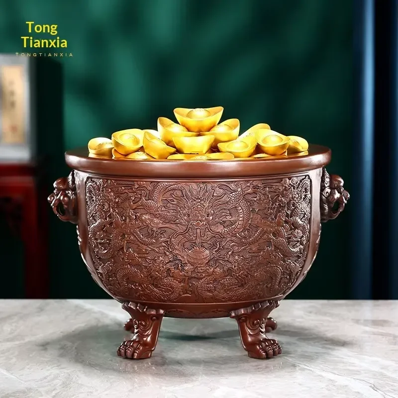 Handmade Copper Bowl Shaped Piggy Bank Jinguang Wanliang Ornament Round Home Decor for Porch Office Opening Gift Decoration