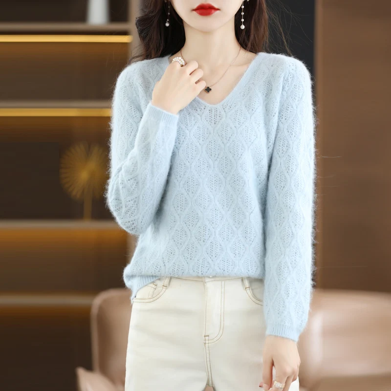 100% Mink Cashmere Women\'s Sweater Knitted Long Sleeve Pullover V-Neck Loose Underlay Soft Fashion Women\'s Top