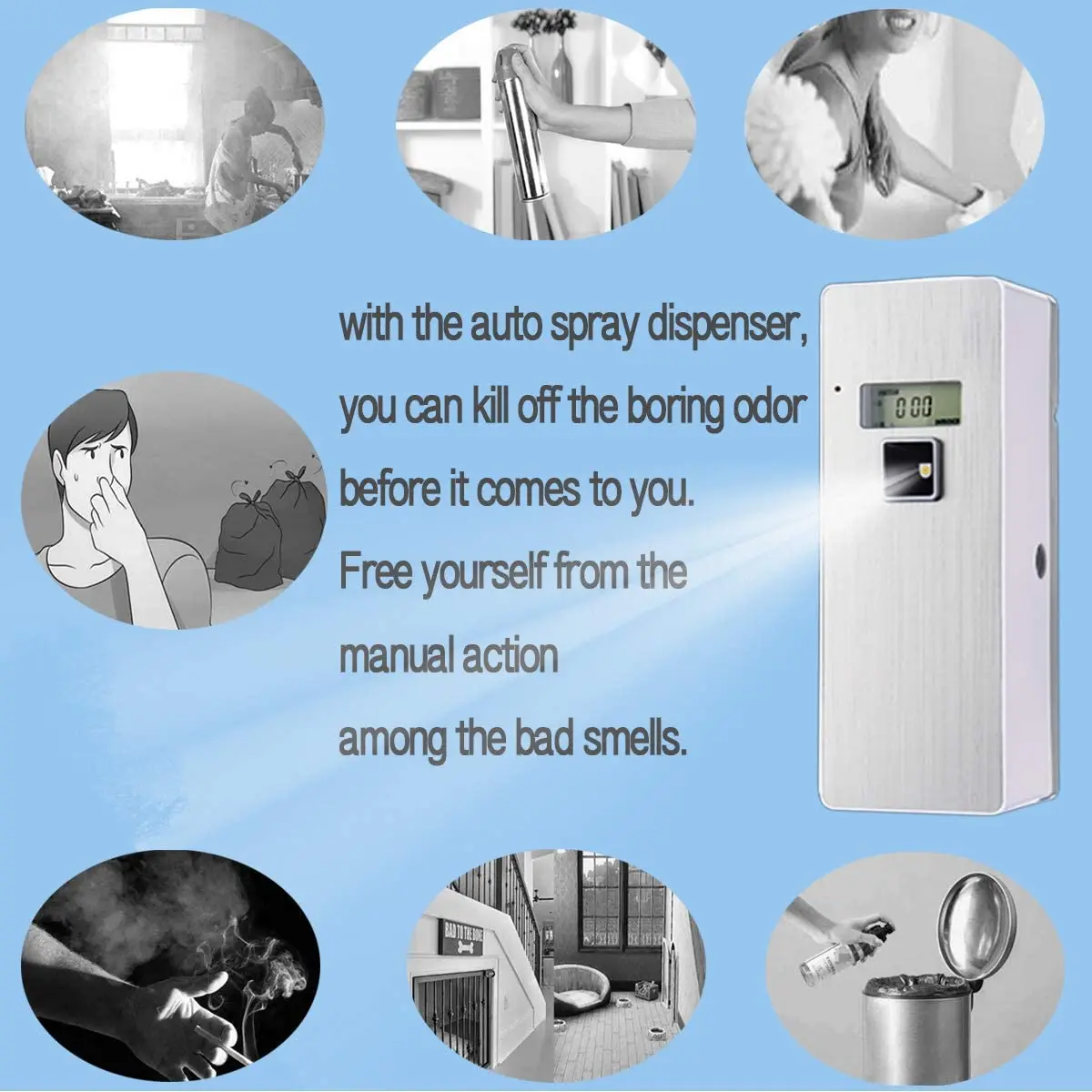 Free Standing Wall-Mounted Home Odor Neutralizing Automatic Air Freshener Fragrance Aerosol Spray Dispenser Silver