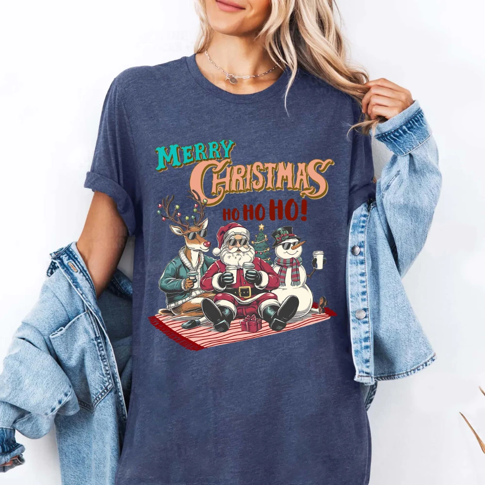 Vintage Christmas T-Shirt Funny Santa Reindeer Snowman Graphic Comfort Colors Fan Tee Graphic T-Shirt Gift for Women Man T-Shirt