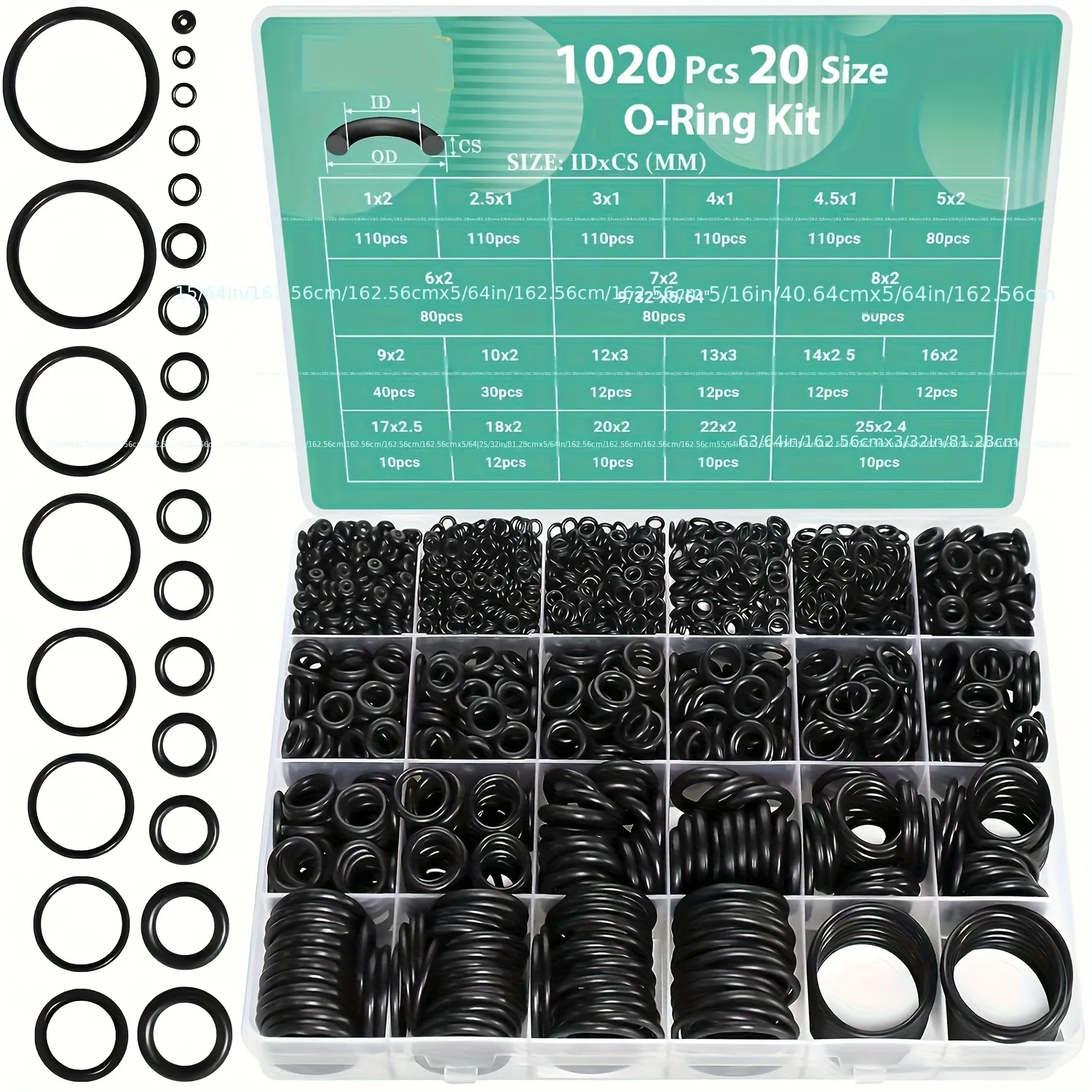 1020Pcs 20 Sizes NBR O-Ring Kit Metric Rubber Seal Gasket Assortment for Plumbing Automotive Hydraulic Air Conditioning Repair