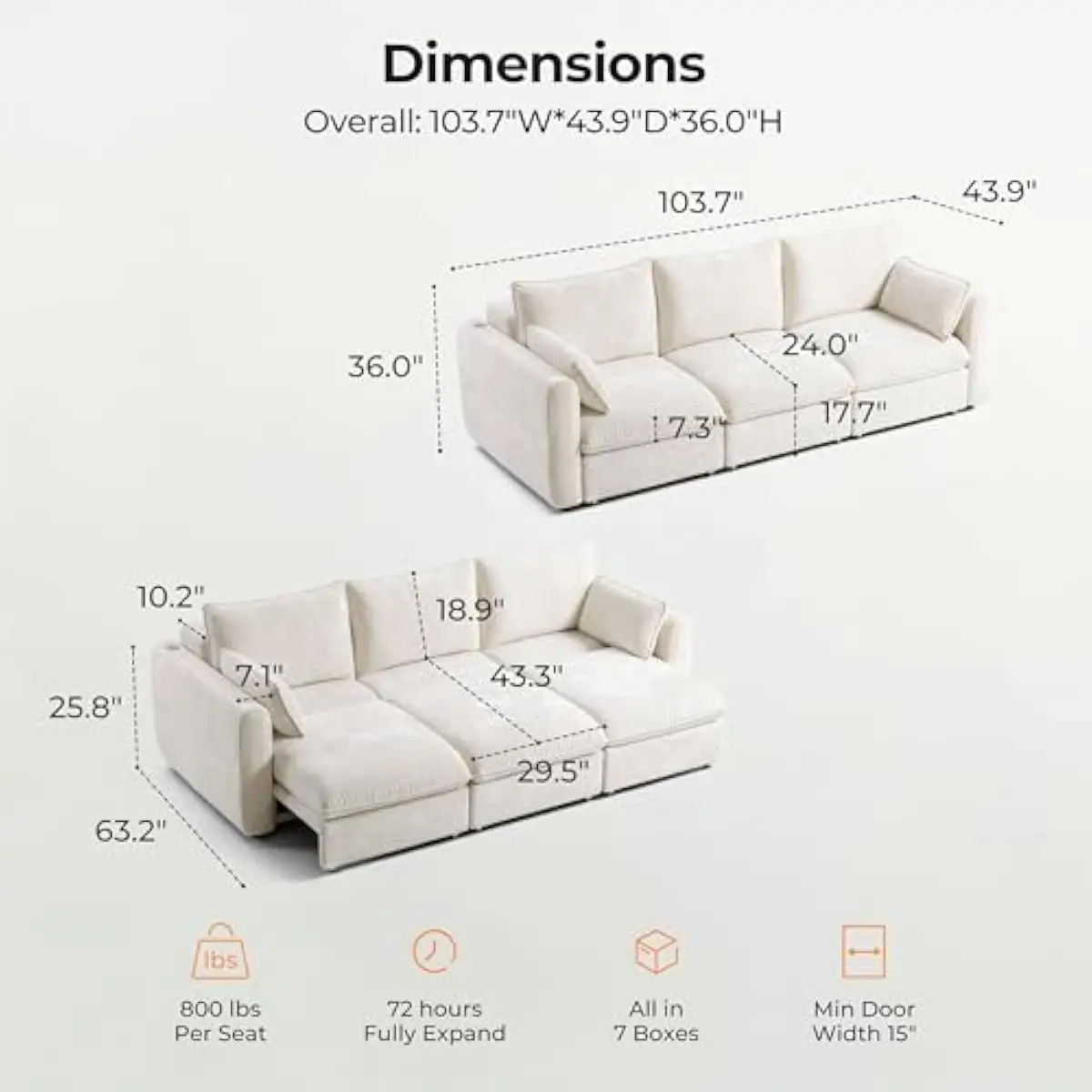 103 Inch Electric Convertible Sofa Bed with One-Touch Remote Control • 3 Adjustable Seating Configurations • 4 Functional Layout