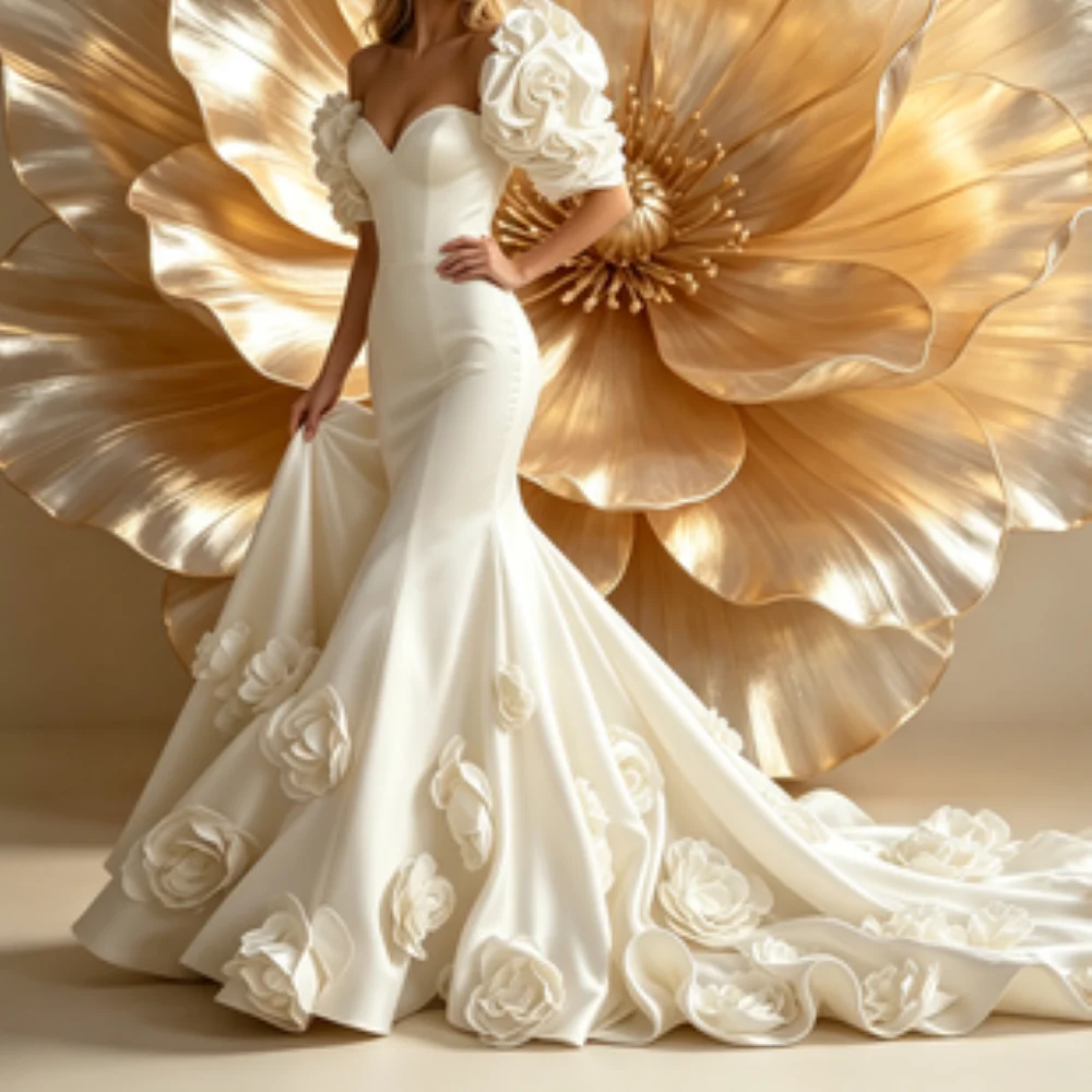 Customized 3D Floral Satin Mermaid Bridal Gowns Off Shoulder Large Handmade Flower Cathedral Train Luxury Modern Wedding Dresses