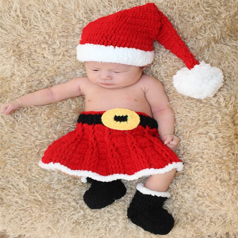 

2024 Christmas Newborn Photo Shoot Costume Baby Knit Christmas Skirt with Santa Hat and Socks Photograph Sets