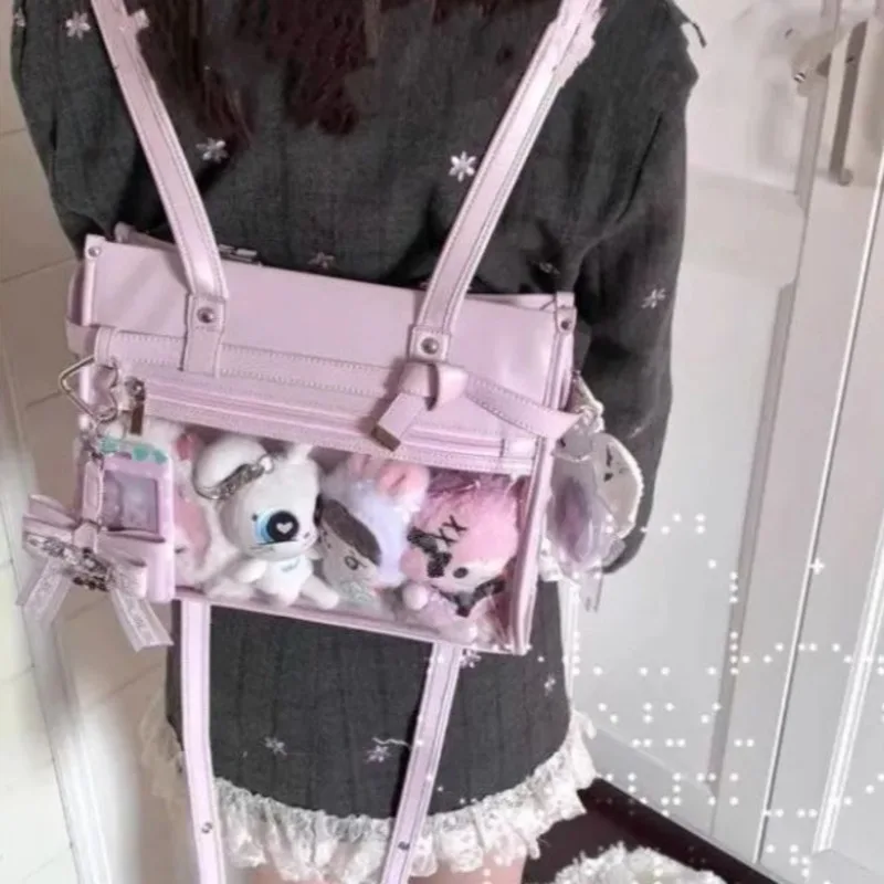 

2025 New Transparent Preppy Ita Backapck PU Leather Japanese Pain Handbags Girls Anime Badge Display Y2k Harajuku Crossbody Bags