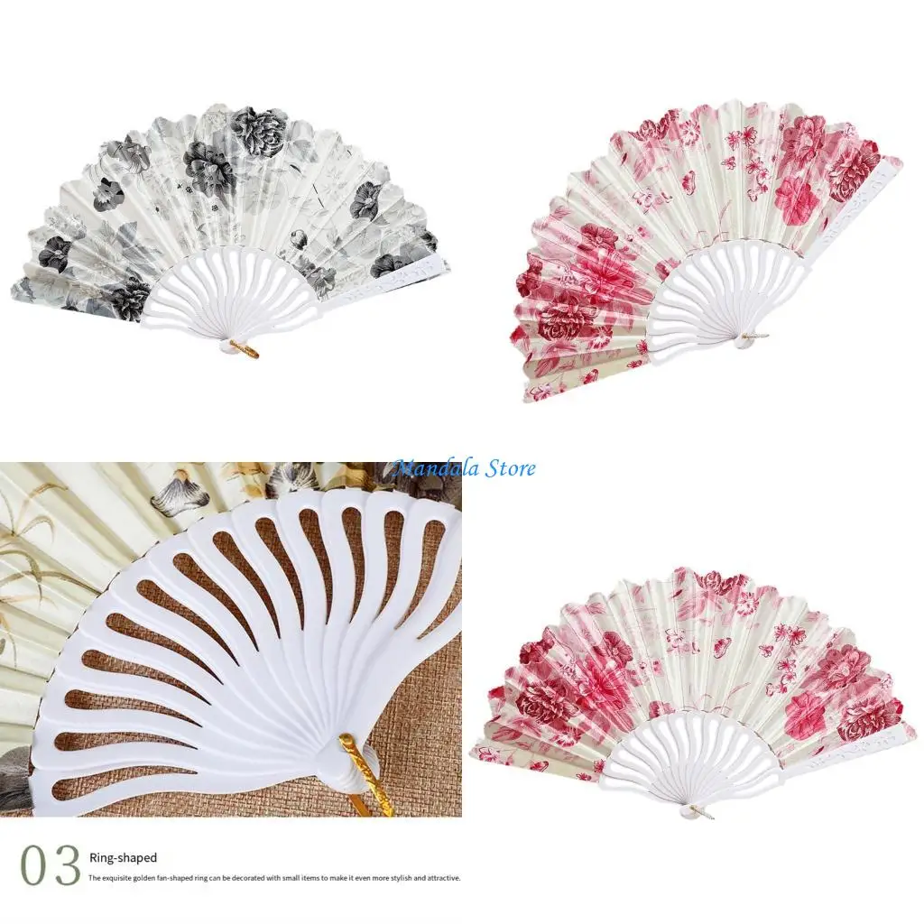 U2JC Plastic Folding Hand Fan with Flower Pattern and White Carved Handle for Shop Display, Stage Use and Home Styling