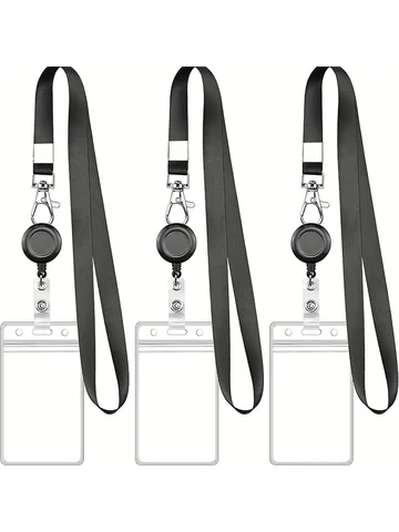Black Retractable Badge Reel Set with Lobster Clasp and Waterproof PVC Card Holder, Durable Lanyard, for Work ID and Name Tags