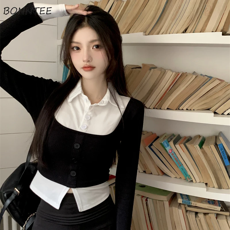 Fake-two T-shirts Women Slim Hot Sweet Spliced Korean-style Preppy-style Contrast Color Designs Elegant Trendy Office Ladies