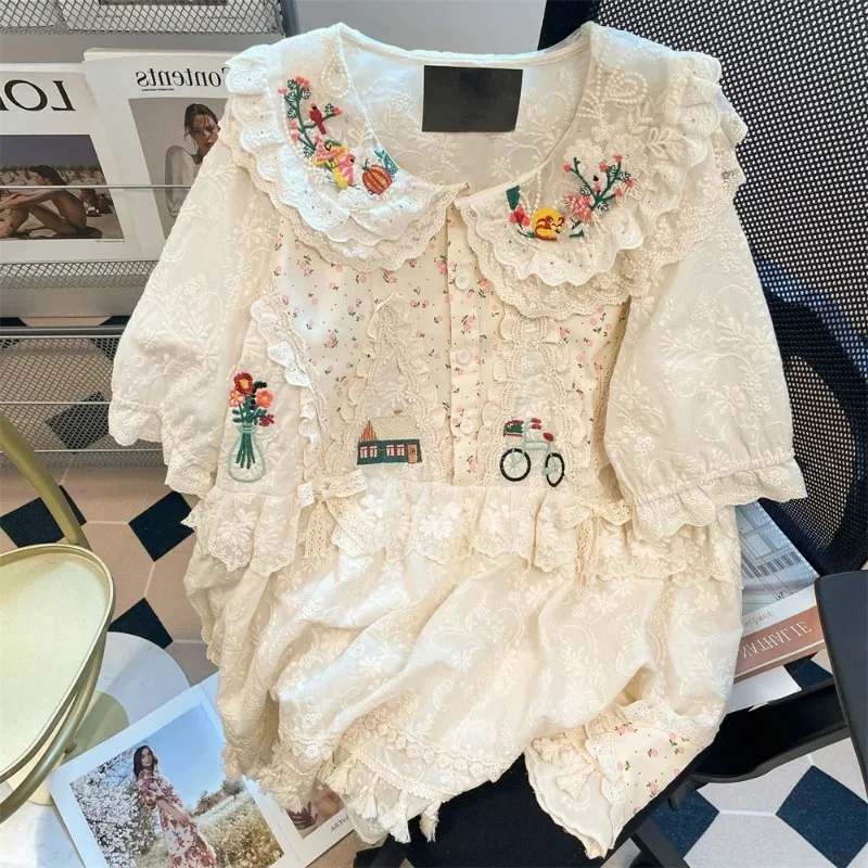 

Sweet Lolita Style Shirt Mori Girl Kawaii Floral Embroidery Lace Peter Pan Collar Loose Blouses Women Vintage Short Sleeve Tops