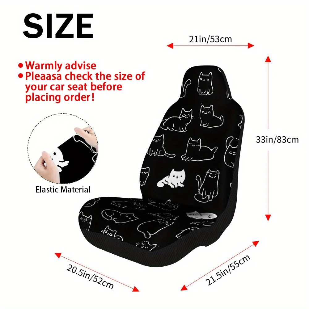 2pcs Cute Black Cat Doodle Design Car Seat Cover Set For Most Cars – Premium Quality, Trendy Seat Protector, Comfortable & Dura