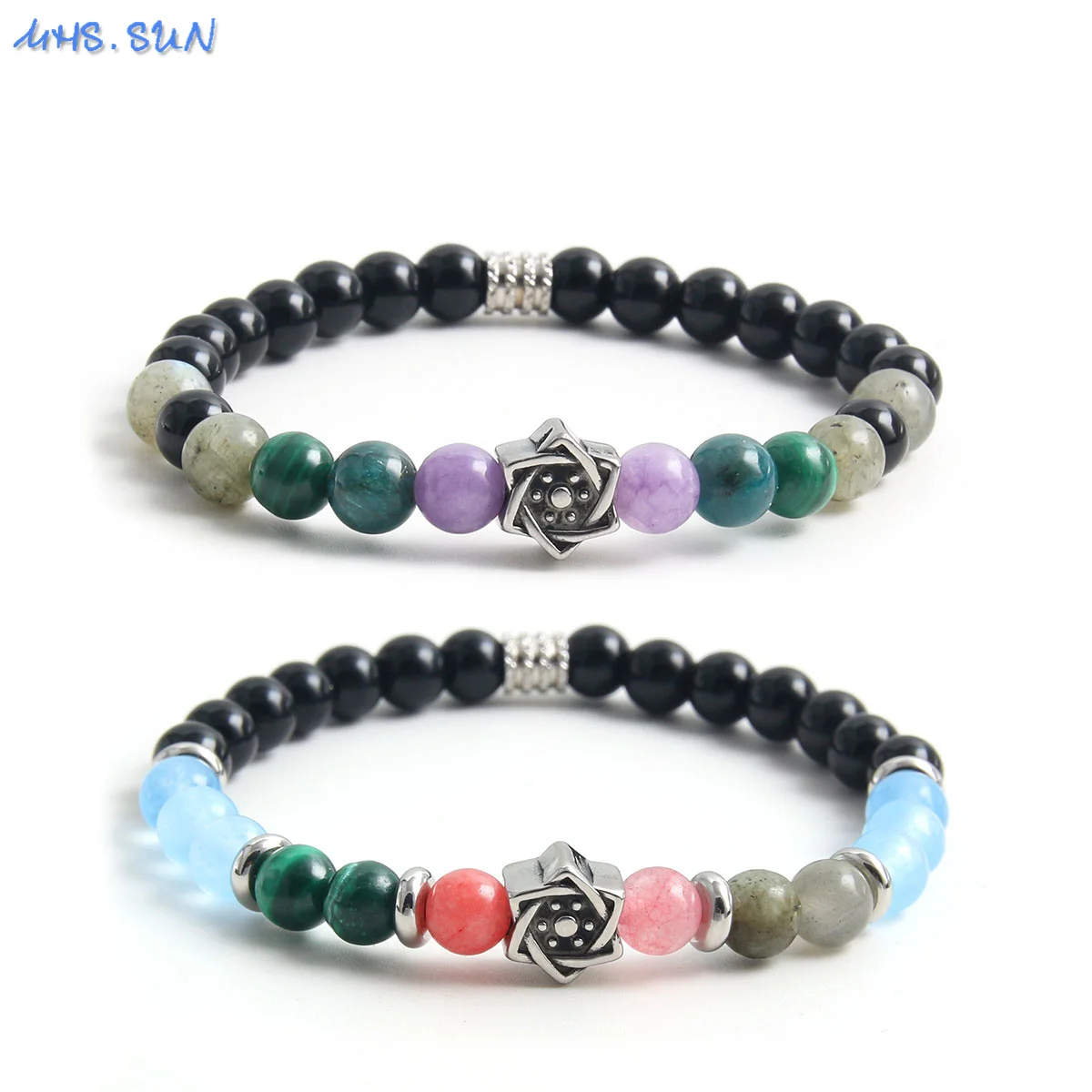 MHS.SUN Healing Natural Stone Red Chalcedony Malachite Bracelet Stainless Steel Castings Six Point Star Accessories For Women