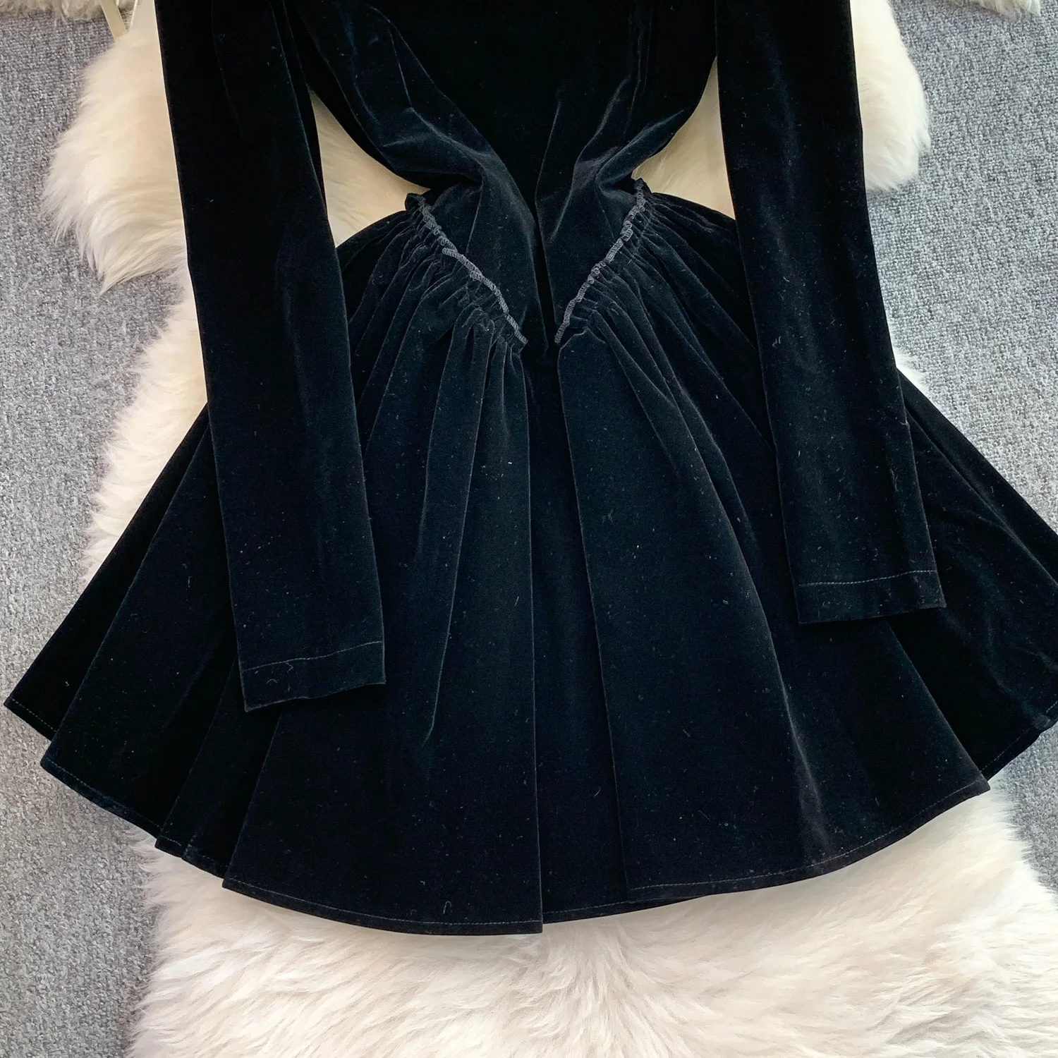 Sexy Elegant long sleeve velour square neck dress Women evening korean fashion ceremony dresses