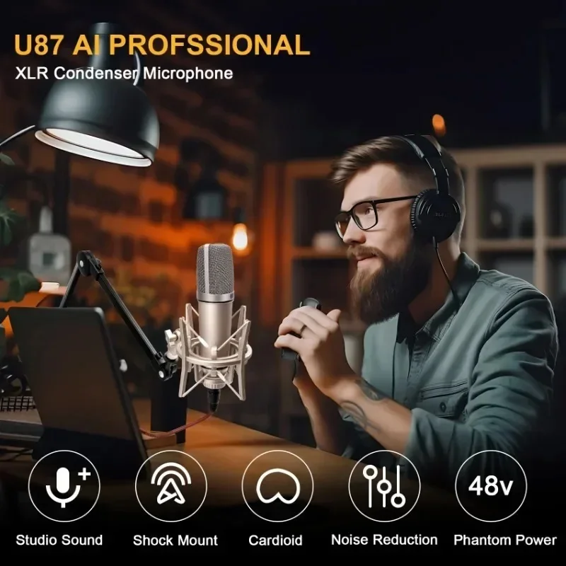 U87 XLR Condenser Microphone Professional Cardioid Studio Mic for Recording Podcasting Voice Over Streaming Home Studio