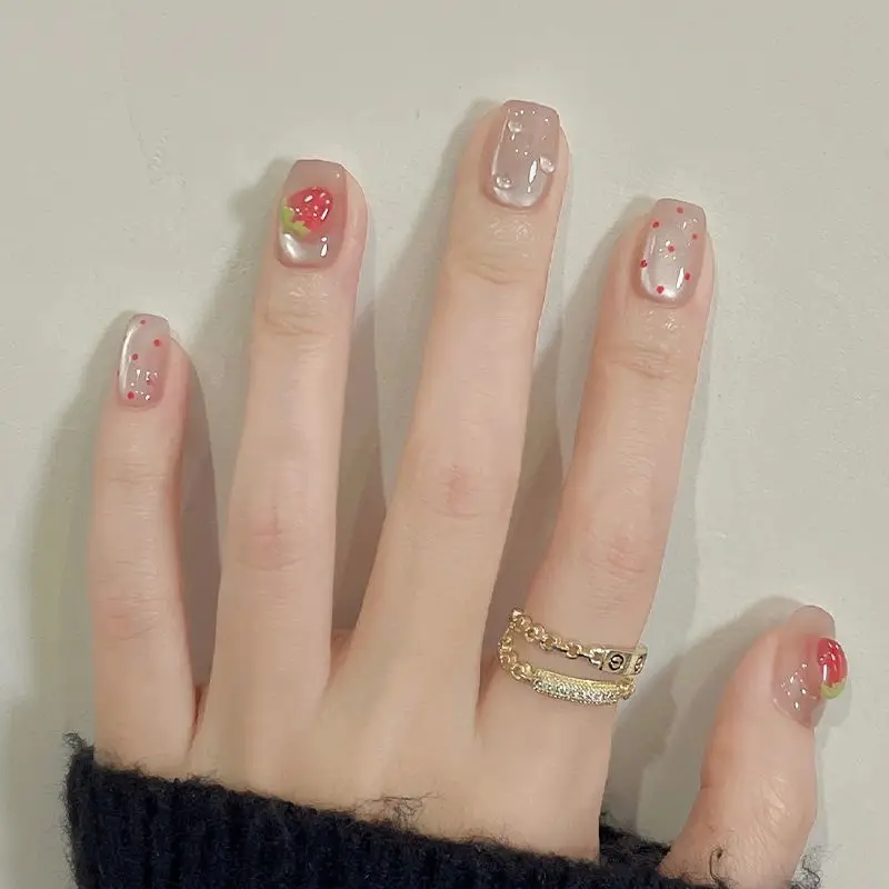 10 stuks kort vierkant Cat Eye handgemaakte pers op nagels aardbei nepnagels schattig draagbaar herbruikbaar volledige dekking meisjes valse nagel