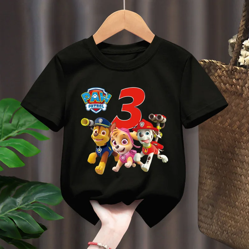 Hot Paw Patrol Chase Boys T Shirt Puppy Dog Happy Birthday Numbers Children Girls T-shirts Summer Tops Clothes Kids Partys Gifts