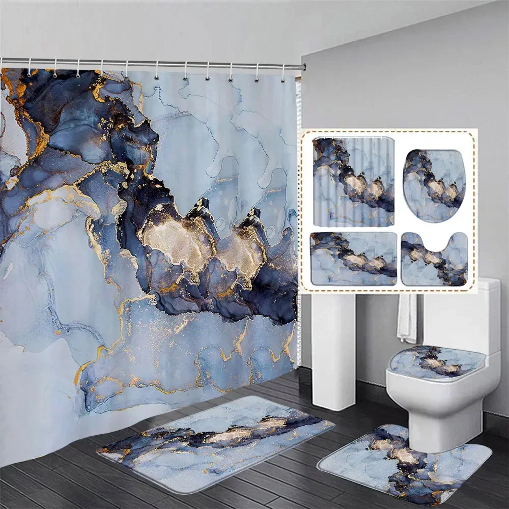 Colourful Marble Shower Curtain and Rug Set Luxury Gold Textured Art Hanging Curtains Bath Mat Toilet Seat Cover Bathroom Decor