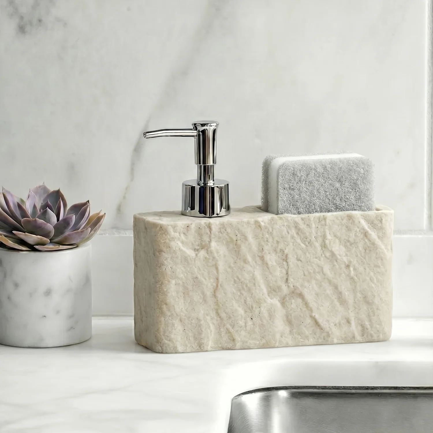 2-in-1 Resin Stone Texture Dish Soap Pump and Sponge Organizer Kitchen Soap Dispenser with Sponge Holder Kitchen Accessories view 2